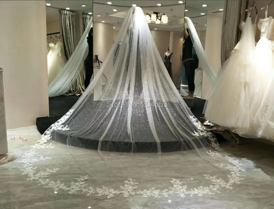 한 레이어 반짝이 얇은 명주 그물 웨딩 베일 빈티지 레이스 화이트 아이보리 얇은 명주 그물 베일 대성당 베일 빗