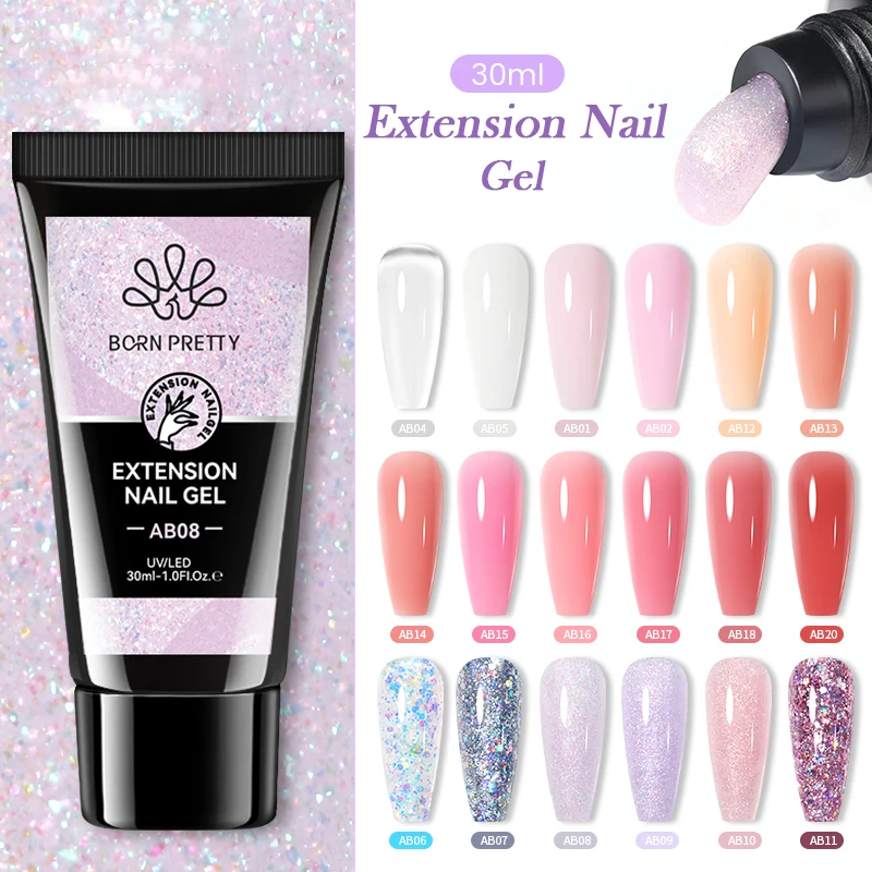 BORN PRETTY 30ml 글리터 아크릴 젤 핑거 익스텐션 매니큐어 실버 핑크 익스텐션 젤 폴리쉬 네일 슬립 솔루션