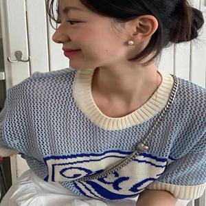루즈 블루 할로우 니트 탑 반팔 여성 여름 티셔츠 RACA Blogger 한국 스타일 통근 일반 두께