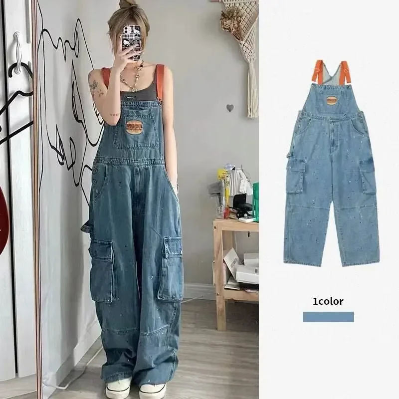 여성 자수 매콤한 잉크 데님 스트랩 점프수트, 레트로 원피스 팬츠, 루즈하고 슬림한, 쿨 걸 스타일, 가을 겨울