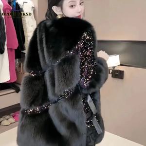여성용 인조 모피 코트, 턴다운 칼라 재킷, 루즈한 스플라이스 오버코트, 커버 버튼, 스팽글, 여성, 신작, 겨울