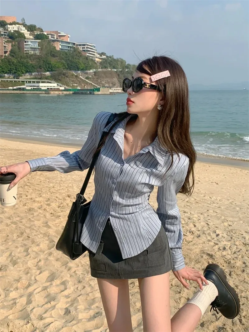 여성 한국어 폴로 칼라 스트라이프 셔츠 여성 새 셔츠 허리 포옹 슬리밍 디자인 감각 다목적 탑 긴 소매 블라우스