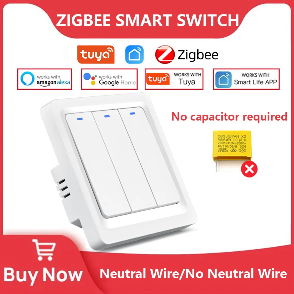 스마트 라이트 스위치 Tuya ZigBee 스위치 EU 중성선 없음 커패시터 필요 없음 스마트 라이프 1/2/3 Gang Alexa Google 홈과 함께 작동