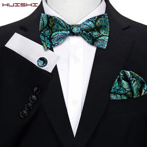 자카드 실크 망 나비 넥타이 브랜드 디자이너 Bowtie Hanky ​​커프스 단추 남성용 페이즐리 꽃 웨딩 비즈니스 나비 선물 세트