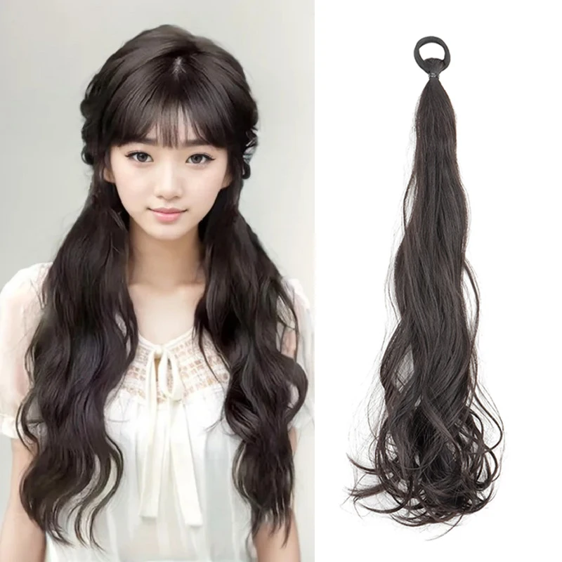 합성 탄성 고무 밴드 포니 테일 달콤한 소녀 검은 긴 곱슬 포니 테일 머리 확장 내열성 헤어 피스 가발