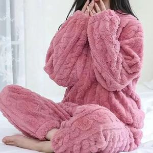 가을 여성 솔리드 따뜻한 1/2 조각 세트 두꺼운 벨벳 늑골이있는 양털 세트 풀오버 및 바지 여성 캐주얼 잠옷 세트 2025