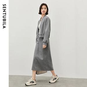 SENTUBILA 여성용 스커트 세트 2 피스 그레이 의상 2025 봄 야구 칼라 풀 지퍼 스웨트 슬릿 밑단 롱 스커트 143Z57129