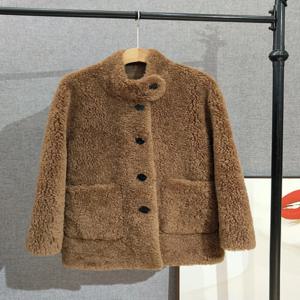 00% 양털 재킷 중간 길이 풀 울 스킨 코트 스탠드 칼라 겨울 여성 두꺼운 한국 스타일 루즈 피트 Snownaiv 브랜드
