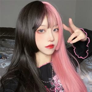 긴 직선 코스프레 합성 가발 여성 의상 파티 블랙 핑크 옹 브르 내열성 합성 머리 가발 공주 컷 앞머리