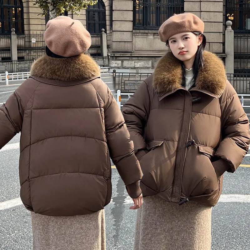 여성용 짧은 패딩 코튼 패딩 코트, 대형 퍼 칼라 재킷, 2024 한국 루즈 라펠 빵 아우터, 겨울 신상