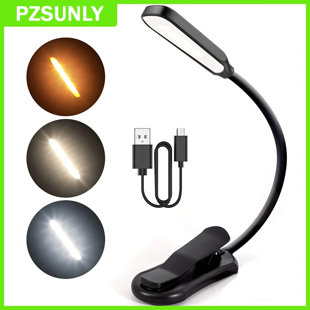 LED 책 빛 USB 충전식 독서 등 3 단계 따뜻한 차가운 흰색 일광 휴대용 유연한 쉬운 클립 야간 독서 램프