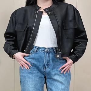 새로운 스타일 여성 Pu 가죽 오토바이 자켓 가짜 펑크 지퍼 아웃웨어