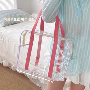 마카롱 컬러 PVC 투명 대용량 방수 메이크업 가방 핸들 비치 수영 보관 가방 가족 보관 도구