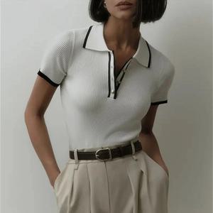 여름 하이 엔드 패션 폴로 넥 니트 셔츠 슬림 반소매 탑 여성 섹시한 버튼 티셔츠 Office Lady Knitwear Y2k Tops