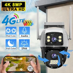 4K 8MP 4G SIM IP 카메라 듀얼 렌즈 실외 방수 360 °   인간 감지 비디오 감시 CCTV 보안 보호 PTZ 카메라