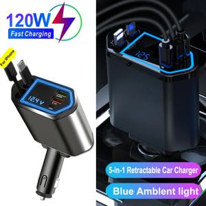 120W 5 in 1 접이식 차량용 충전기 USB C 케이블 3포트, 접이식 코드 및 전압 표시 기능 포함 (아이폰, 화웨이, 삼성용)