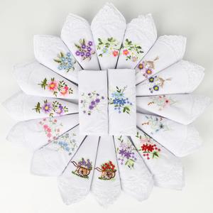 3Pcs 순수 코튼 여성 자수 닦아 땀 손수건 레이스 손수건 멀티 꽃 혼합 자수 화이트 28*28cm