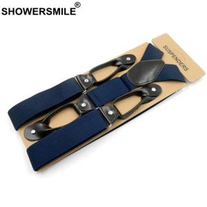 SHOWERSMILE 버튼 멜빵 와이드 남성용 교정기 솔리드 네이비 가죽 빈티지 바지 스트랩 남성용 벨트 바지 120 3.5cm