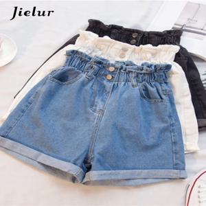 Jielur 여름 블랙 여성 데님 반바지 여성 S-5XL 하렘 프릴 블루 높은 허리 반바지 여성 탄성 짧은 청바지