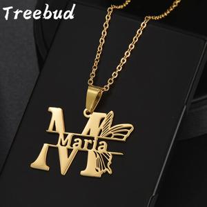 Treebud 사용자 정의 나비 이름 목걸이 여성을위한 스테인레스 스틸 맞춤형 대문자 펜던트 보석 선물