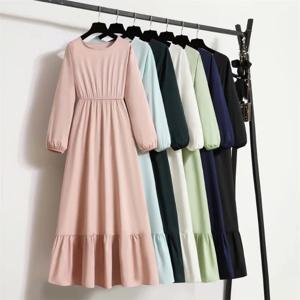봄 가을 Mujer Vestidos 솔리드 풀 슬리브 O-넥 캐주얼 쉬폰 드레스, 여성 이슬람 롱 드레스, 솔리드 루즈 맥시 드레스