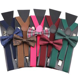 격자 무늬 레드 블루 그린 Bowtie 멜빵 세트 남성 여성 턱시도 정장 남여 교정기 나비 결혼식 조정 가능한 Y 백 브레이스 벨트