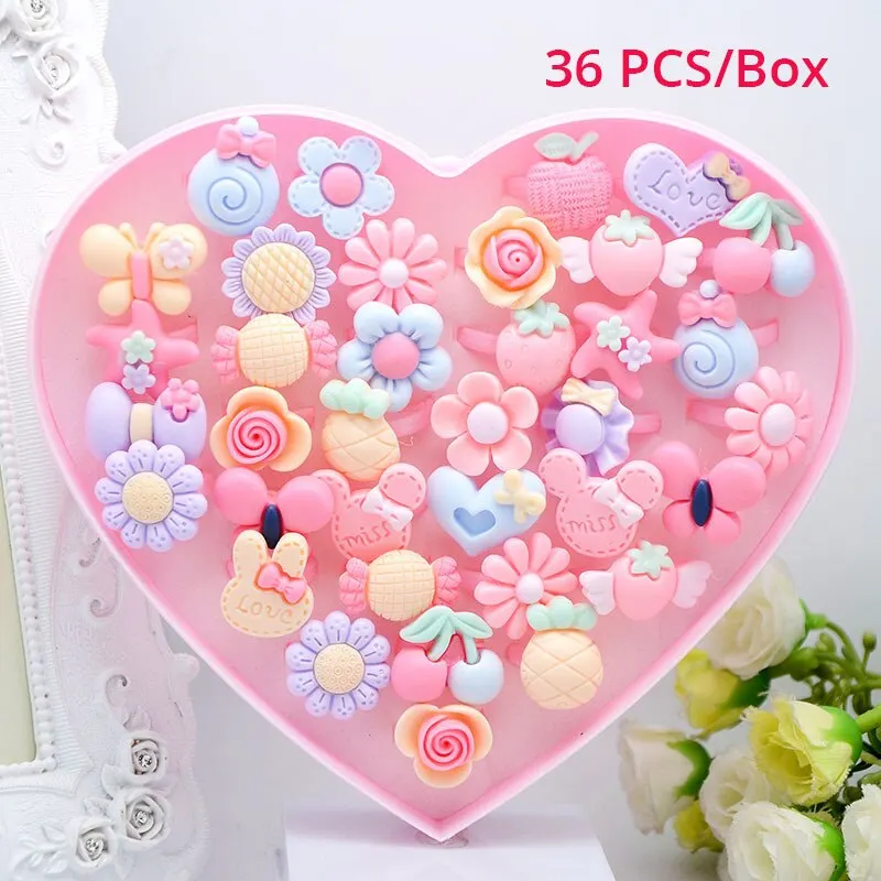 36PC 아이 귀여운 반지 수지 만화 보석 꽃 모양 조정 가능한 반지 세트 창조적 인 액세서리 소녀 선물
