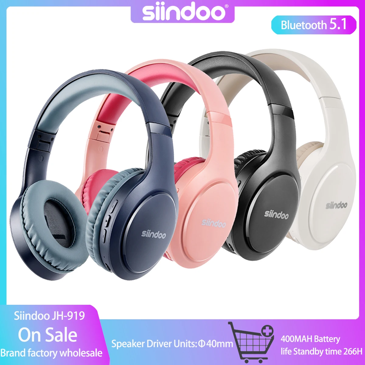 Siindoo JH-919 접이식 무선 헤드폰, 블루투스 스테레오 이어폰, 마이크 포함, 슈퍼 베이스, 아이폰 노트북 PC용, 4 가지 색상