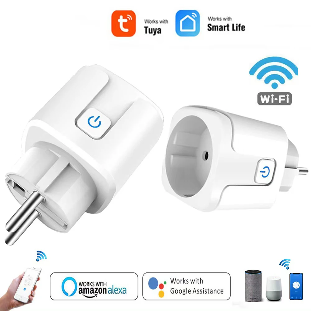Tuya 스마트 Wifi 플러그 20A 원격 제어 스마트 소켓 콘센트 EU 전원 모니터 타이머 기능은 Alexa Google 홈과 함께 작동합니다.