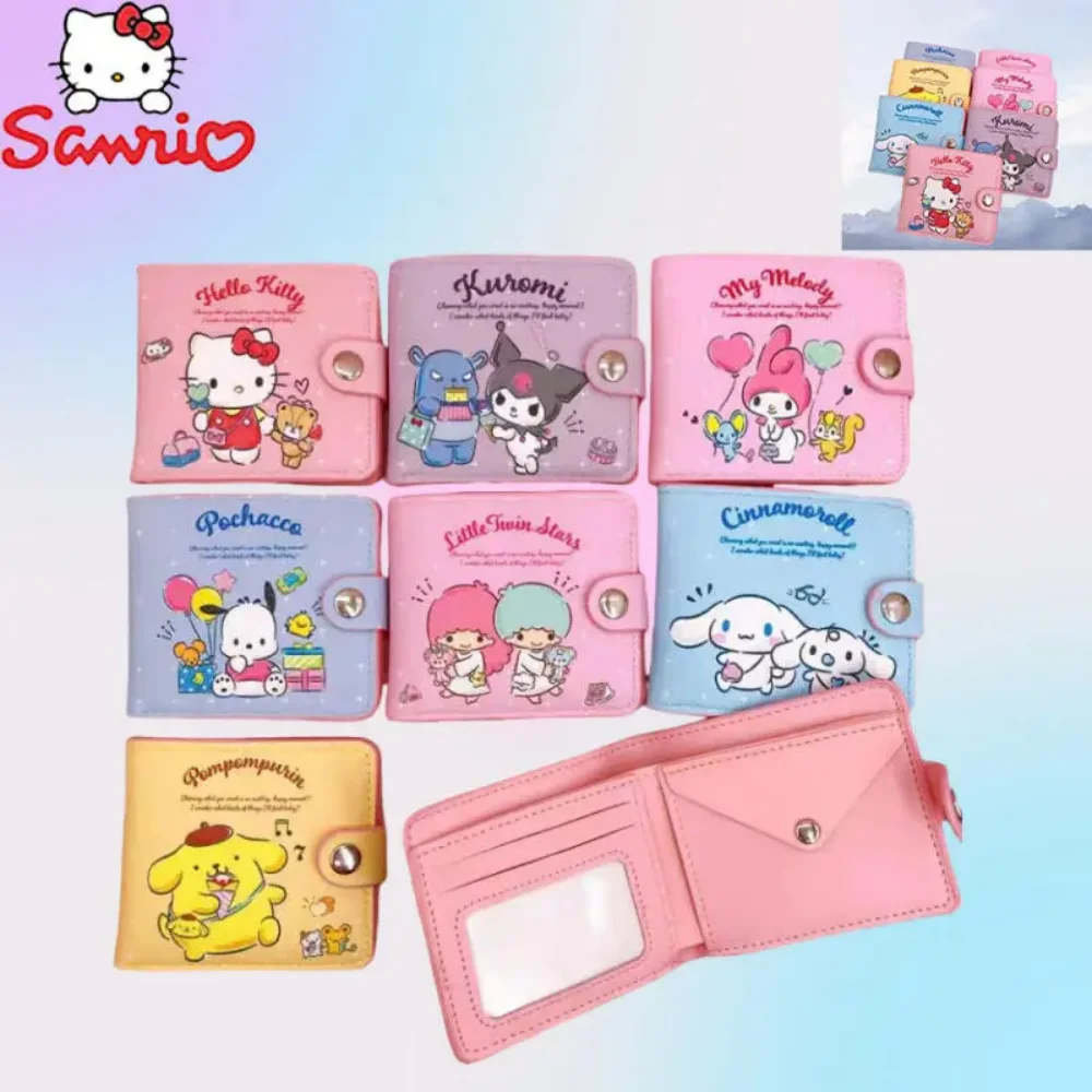 Kawaii Sanrio Pu 머니 백 귀여운 만화 헬로 키티 Cinnamoroll My Melody Kuromi 동전 지갑 카드 홀더 지갑 (버튼 포함)