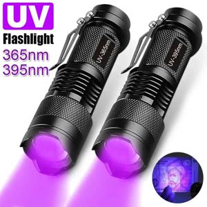 UV 휴대용 손전등 365/395nm 블랙 라이트 미니 손전등 줌 LED 형광 감지 토치 용 울트라 바이올렛 손전등
