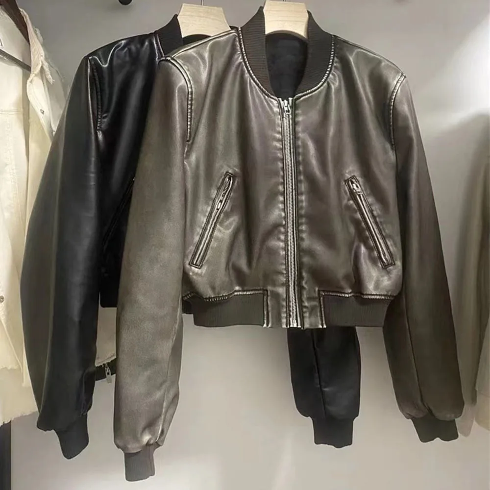 가을 겨울 신상 가죽 단색 숏 코트 레트로 스타일 짧은 지퍼 가디건 캐주얼 데일리룩 가죽 자켓 여성