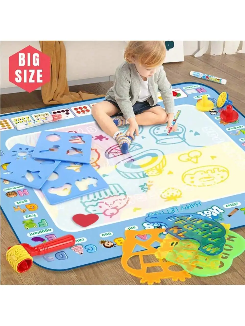 100*80CM 어린이를위한 마법의 물 낙서 매트-마법 펜이있는 재사용 가능한 방수 드로잉 보드, 어린이를위한 교육 미술 장난감