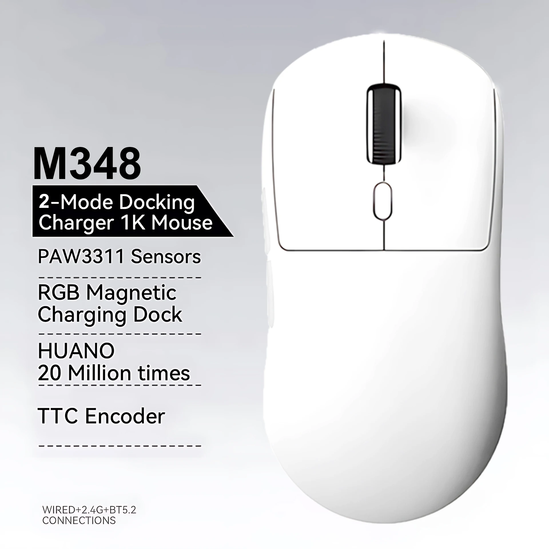 M348 초경량 마우스 Bluetooth 2.4G 무선 게임용 마우스 플래그십 칩 게임 센서 6 Office 게임용 조정 가능한 DPI