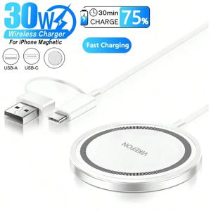 VIKEFON 마그네틱 무선 충전기 PD C타입 USB 고속 충전 스테이션 패드, 아이폰 16, 15, 14, 13, 12 프로 맥스, 에어팟 이어폰, 30W