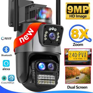 9MP 3 렌즈 듀얼 스크린 PTZ ICsee Alexa NVR 보안 CCTV WiFi 카메라 Outdoor8X 줌 보안 카메라 4K 비디오 감시