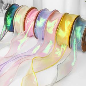 피쉬테일 오간자 반사 무지개 물결 가장자리 리본, 선물 포장 DIY 활 부케 보일 리본, 40mm, 10 야드