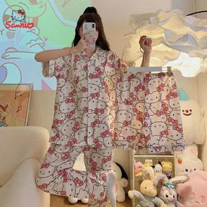 3pcs Sanrio 짧은 잠옷 헬로 키티 Kawaii 만화 느슨한 잠옷 잠옷 세트 짧은 옷 소녀 홈 드레스 생일 선물