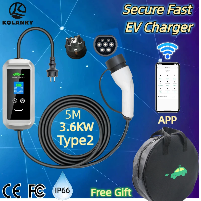 EV 충전기 3.6KW 16A 1상 휴대용 Type2 플러그 고속 충전 상자 5m 케이블 전기 자동차 충전소 용 전류 조정