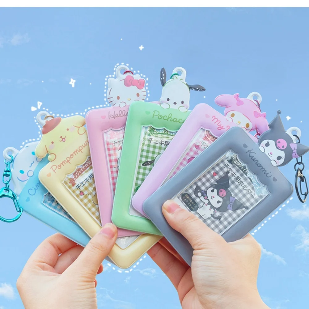 Kawaii Sanrio 카드 홀더 만화 키티 Cinnamoroll 멜로디 Kuromi 버스 Id 카드 보관 키 체인 장식 장난감 소녀를위한 선물
