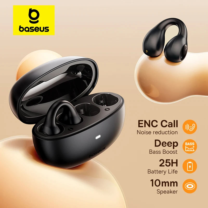 Baseus AirGo AS01 이어 클립 이어폰 Bluetooth 5.3 무선 이어폰 2-MIc ENC HD 통화 소음 감소 헤드폰 스포츠 이어 버드