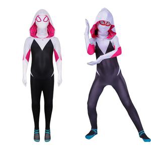 성인 어린이를위한 Gwen Stacy 코스프레 바디 슈트 의상 할로윈 Zentai 3D Spider Gwen with Mask Jumpsuit