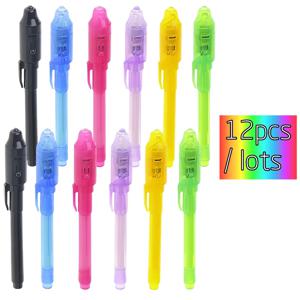 12pcs 빛나는 빛 펜 매직 퍼플 2 1 UV 블랙 라이트 콤보 그리기 보이지 않는 잉크 펜 학습 교육 완구 어린이를위한
