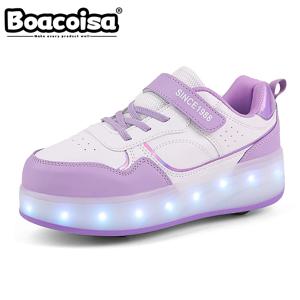 Boacoisa 4 휠 롤러 스케이트 신발 소녀를위한 어린이 깜박이는 빛 스포츠 LED 빛 빛나는 운동화 야외 캐주얼 어린이 소년