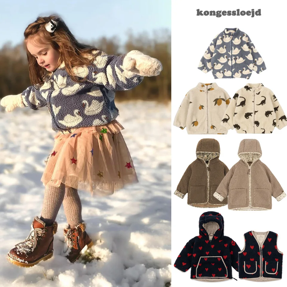 Konges Slojd 겨울 아기 ​​소녀 소년 Lambswool 체리 자켓 아동복 소년 스팽글 만화 겉옷 아동 코트 1-9Yrs