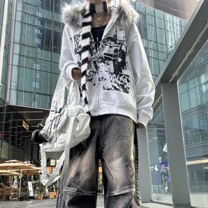 한국 패션 스웨트 셔츠, 하라주쿠 고딕 프린트 코트 재킷, 하위 문화 빈티지 인조 모피 후드 여성 캐주얼 Y2k 의류