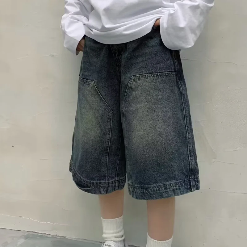 Y2K 여성용 빈티지 워싱 청바지, 미국 스트리트웨어, 헐렁한 하이 웨이스트 와이드 레그 카프리 팬츠, 여성 캐주얼 데님 반바지, 여름 신상