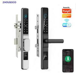 TUYA WIFI 방수 야외 지문 잠금 장치 APP RFID 카드 암호 열쇠가없는 스마트 전자 도어 잠금 장치 알루미늄/유리 슬라이딩