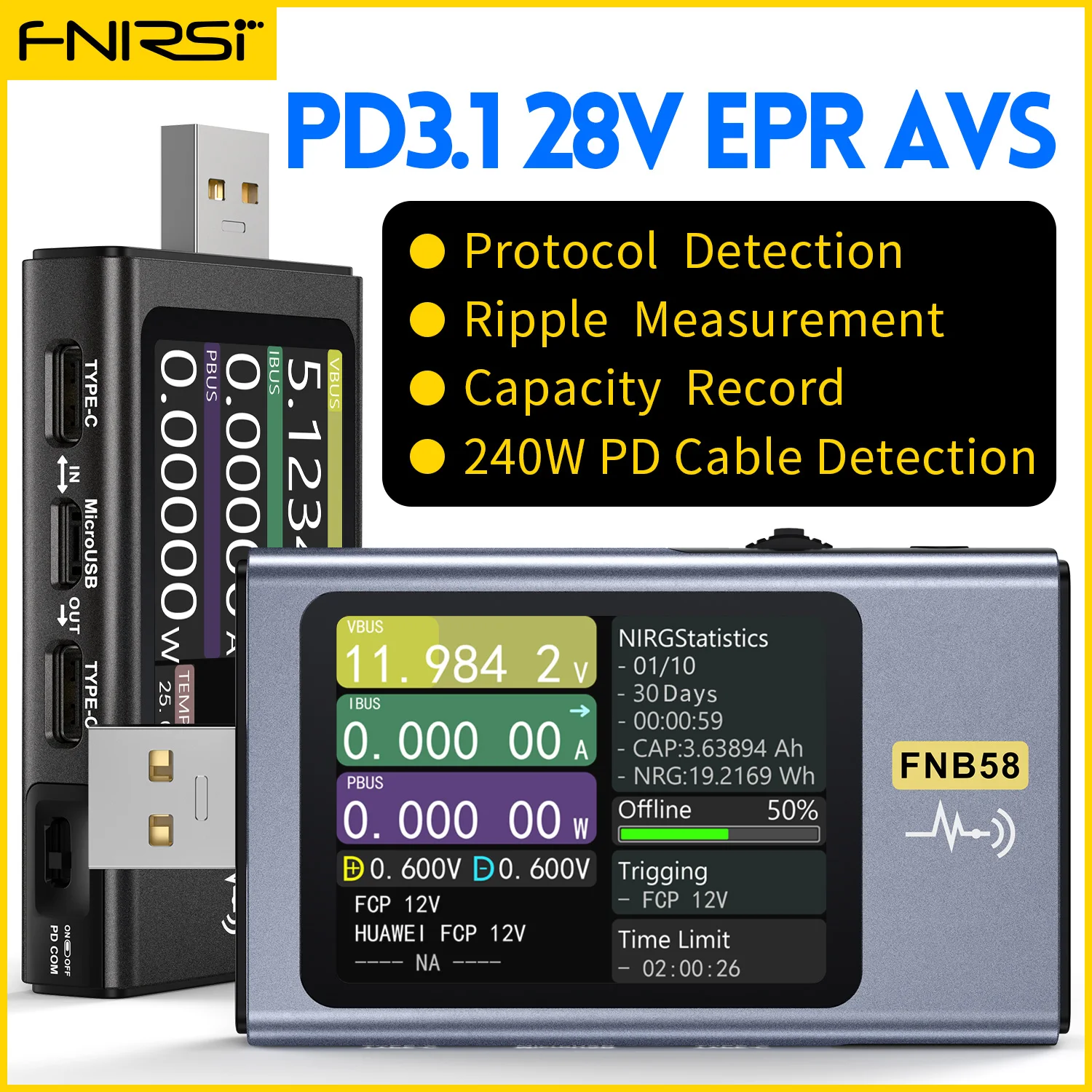 FNB58 USB 테스터 전압계 전류계 TYPE-C 고속 충전 감지 트리거 용량 측정 리플 측정