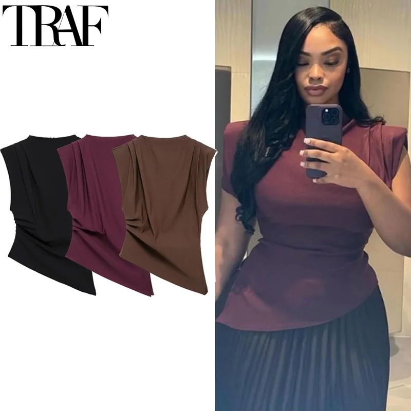TRAF New Womens Tops 민소매 레드 블랙 블라우스 여성 여름 셔링 비대칭 탑 여성 슬림 피트 브라운 세련된 여성 탑